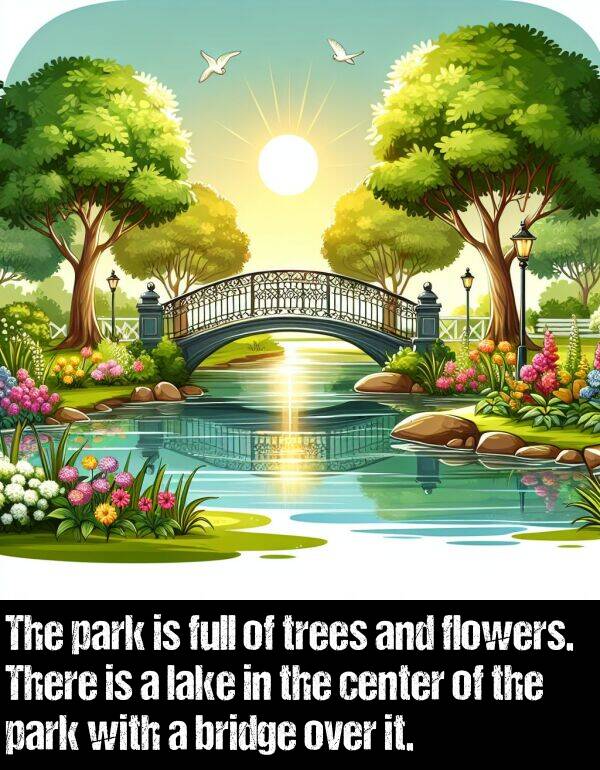 center: The park is full of trees and flowers. There is a lake in the center of the park with a bridge over it.