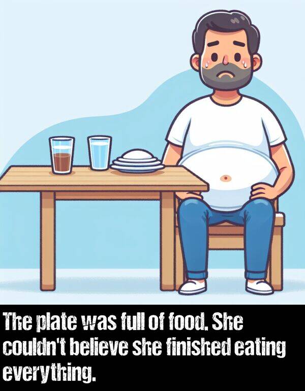 believe: The plate was full of food. She couldn't believe she finished eating everything.