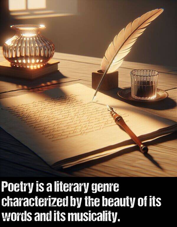 literary: Poetry is a literary genre characterized by the beauty of its words and its musicality.