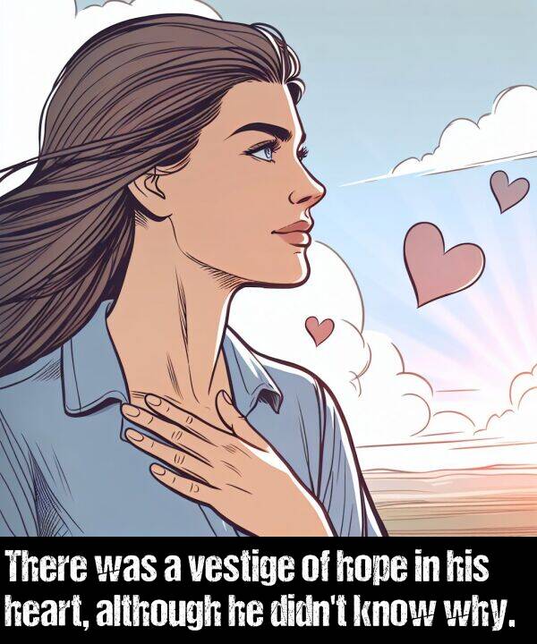 although: There was a vestige of hope in his heart, although he didn't know why.