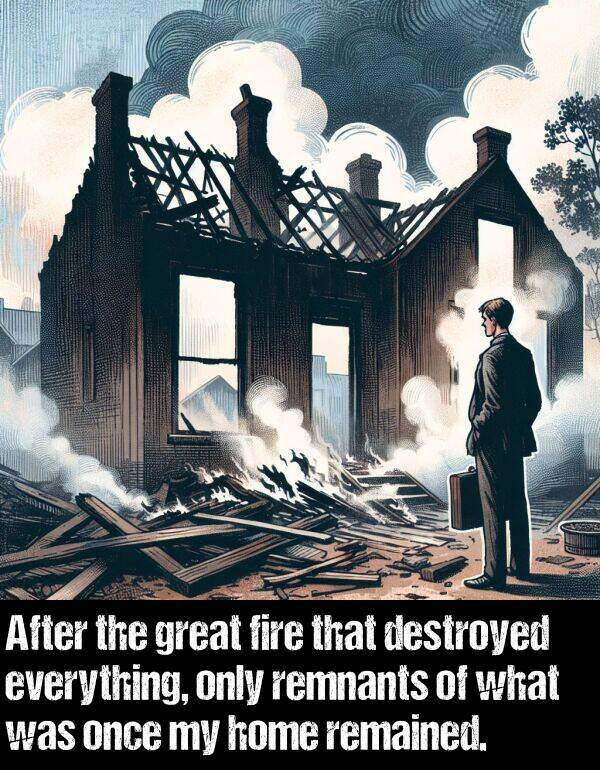 what: After the great fire that destroyed everything, only remnants of what was once my home remained.