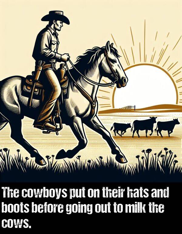 cows: The cowboys put on their hats and boots before going out to milk the cows.