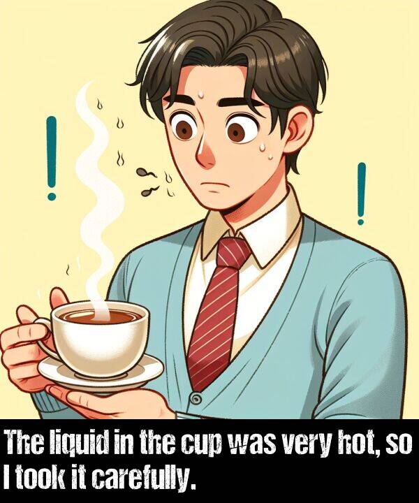 hot: The liquid in the cup was very hot, so I took it carefully.