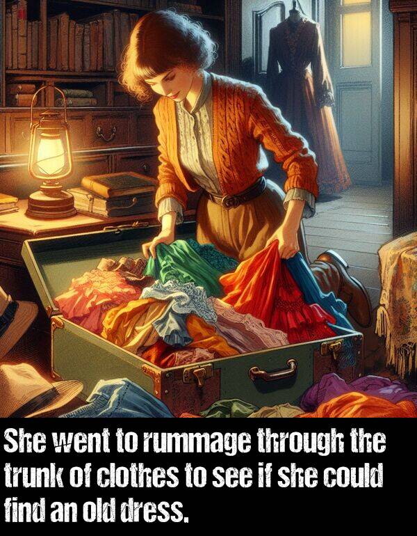 old: She went to rummage through the trunk of clothes to see if she could find an old dress.