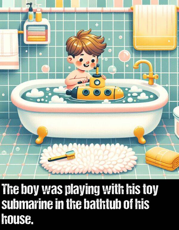 boy: The boy was playing with his toy submarine in the bathtub of his house.