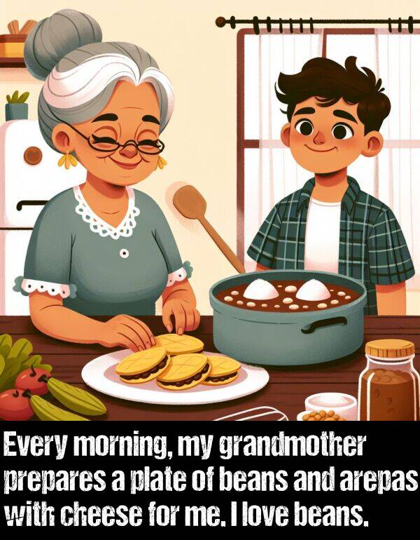 prepares: Every morning, my grandmother prepares a plate of beans and arepas with cheese for me. I love beans.