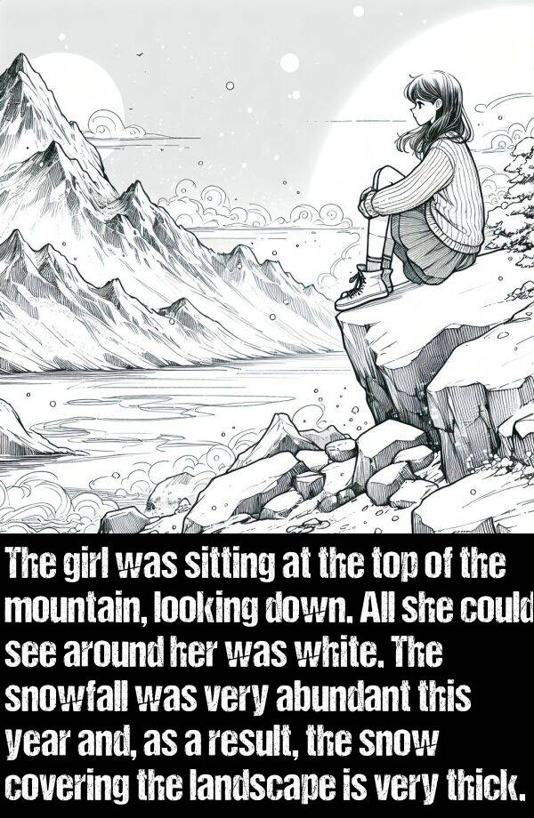 abundant: The girl was sitting at the top of the mountain, looking down. All she could see around her was white. The snowfall was very abundant this year and, as a result, the snow covering the landscape is very thick.