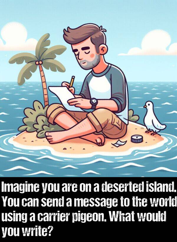 island: Imagine you are on a deserted island. You can send a message to the world using a carrier pigeon. What would you write?