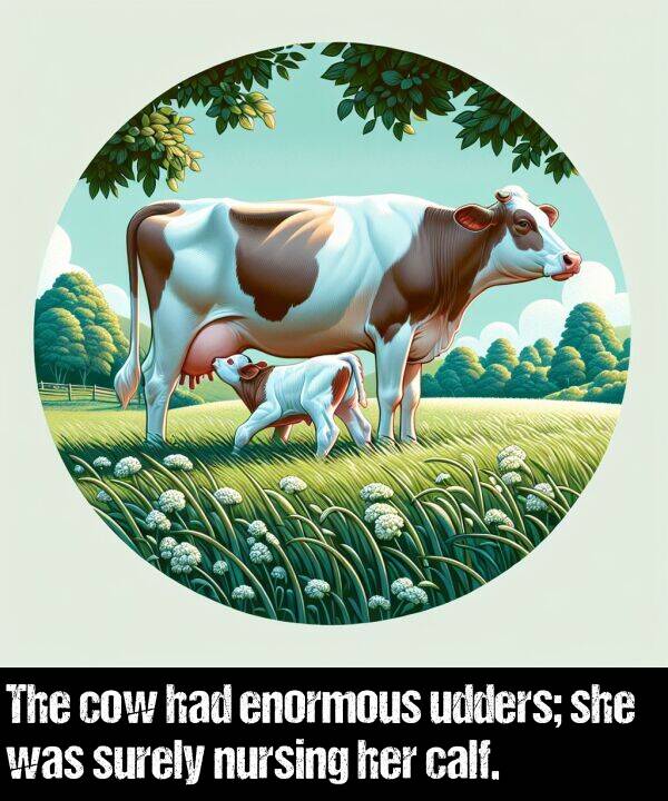 calf: The cow had enormous udders; she was surely nursing her calf.