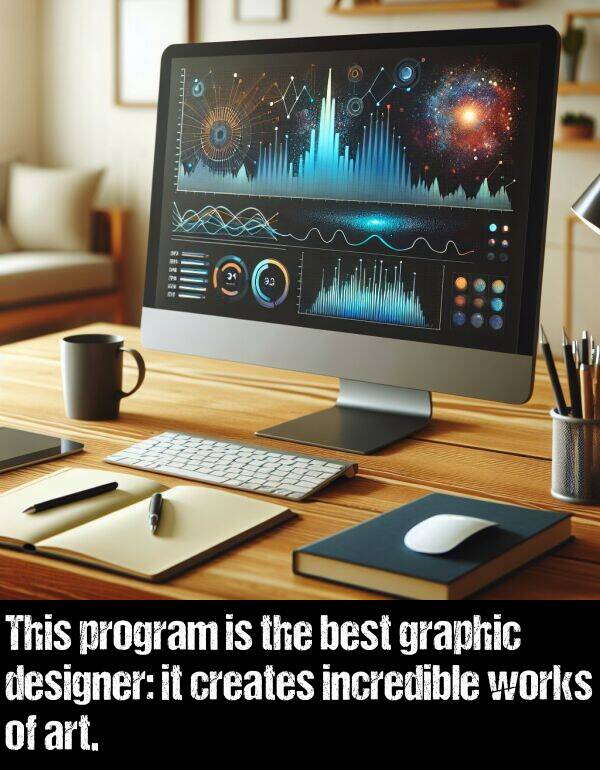 creates: This program is the best graphic designer: it creates incredible works of art.