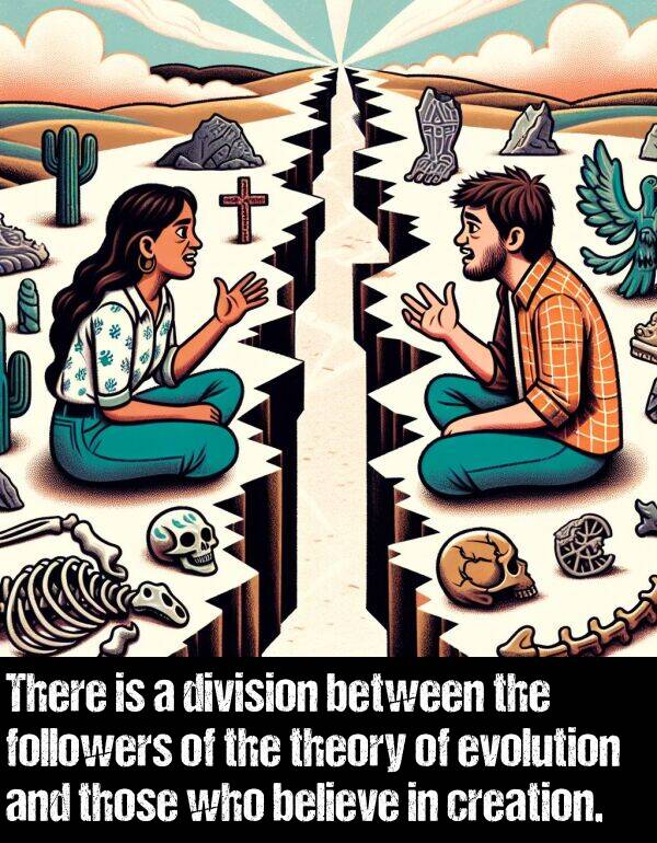 believe: There is a division between the followers of the theory of evolution and those who believe in creation.