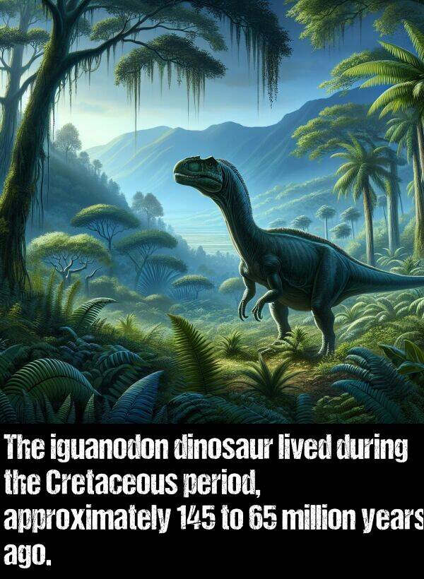 lived: The iguanodon dinosaur lived during the Cretaceous period, approximately 145 to 65 million years ago.