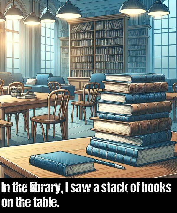 library: In the library, I saw a stack of books on the table.