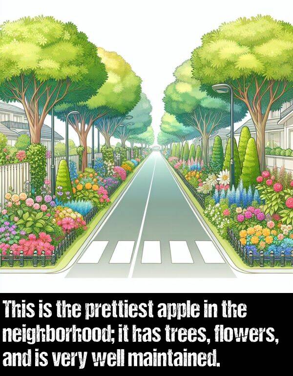 apple: This is the prettiest apple in the neighborhood; it has trees, flowers, and is very well maintained.