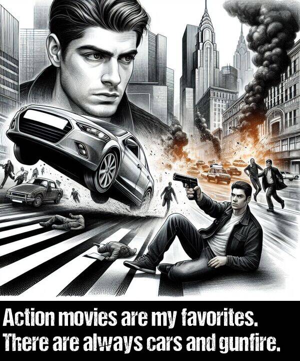 movies: Action movies are my favorites. There are always cars and gunfire.