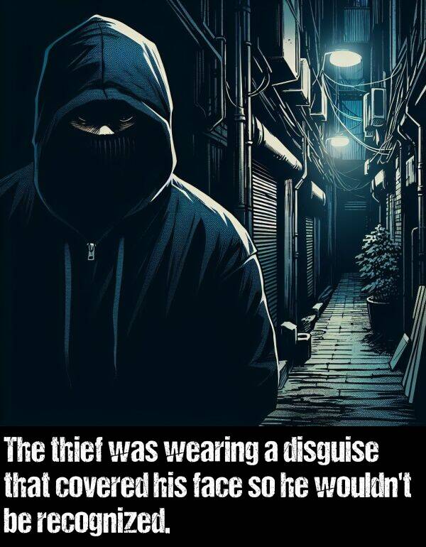 face: The thief was wearing a disguise that covered his face so he wouldn't be recognized.