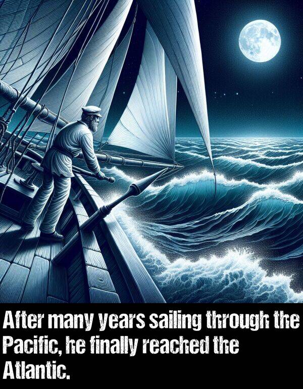 years: After many years sailing through the Pacific, he finally reached the Atlantic.