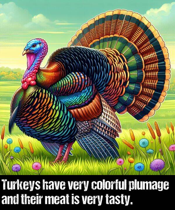 plumage: Turkeys have very colorful plumage and their meat is very tasty.