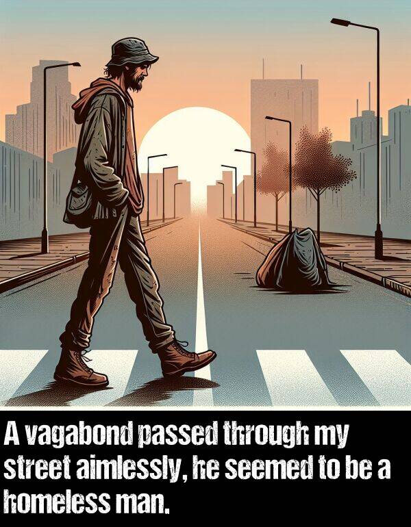 man: A vagabond passed through my street aimlessly, he seemed to be a homeless man.