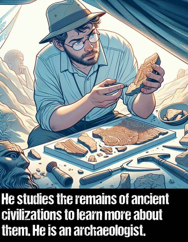 them: He studies the remains of ancient civilizations to learn more about them. He is an archaeologist.