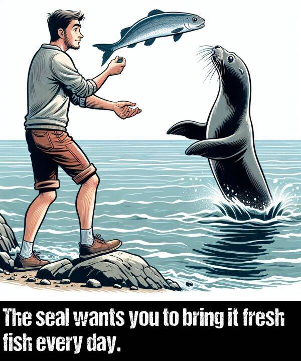 bring: The seal wants you to bring it fresh fish every day.