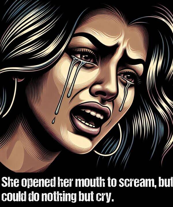 mouth: She opened her mouth to scream, but could do nothing but cry.