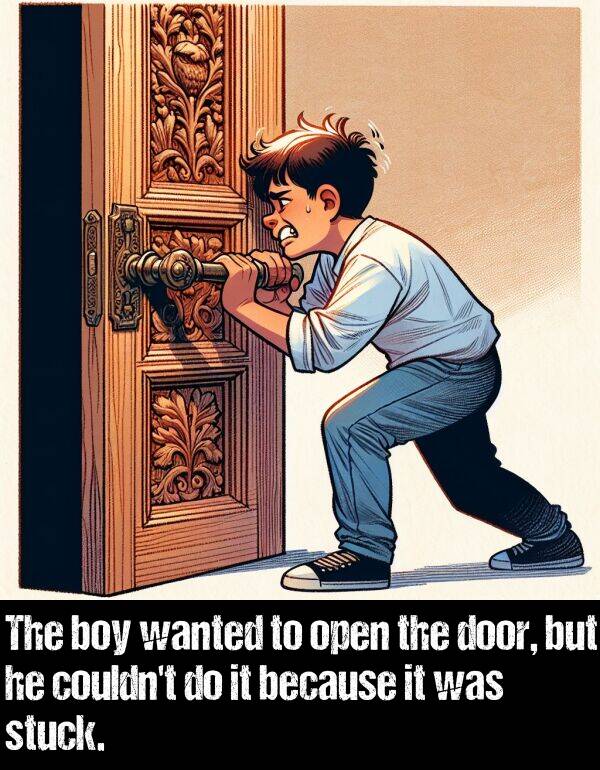 boy: The boy wanted to open the door, but he couldn't do it because it was stuck.