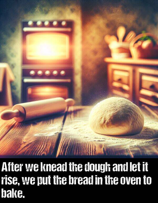 let: After we knead the dough and let it rise, we put the bread in the oven to bake.