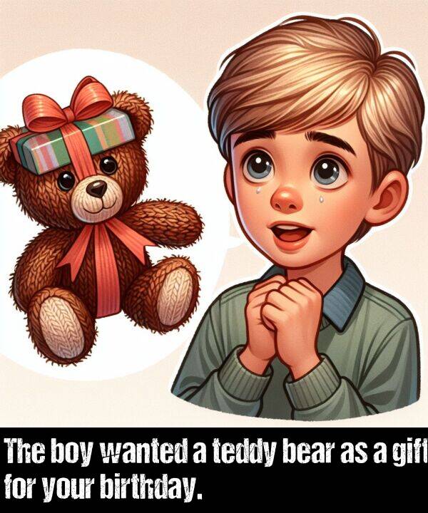 birthday: The boy wanted a teddy bear as a gift for your birthday.