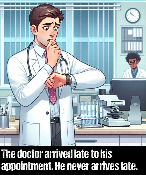 late: The doctor arrived late to his appointment. He never arrives late.