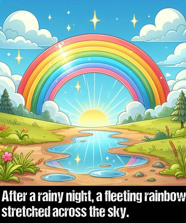 rainy: After a rainy night, a fleeting rainbow stretched across the sky.