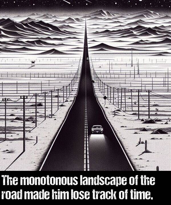 landscape: The monotonous landscape of the road made him lose track of time.