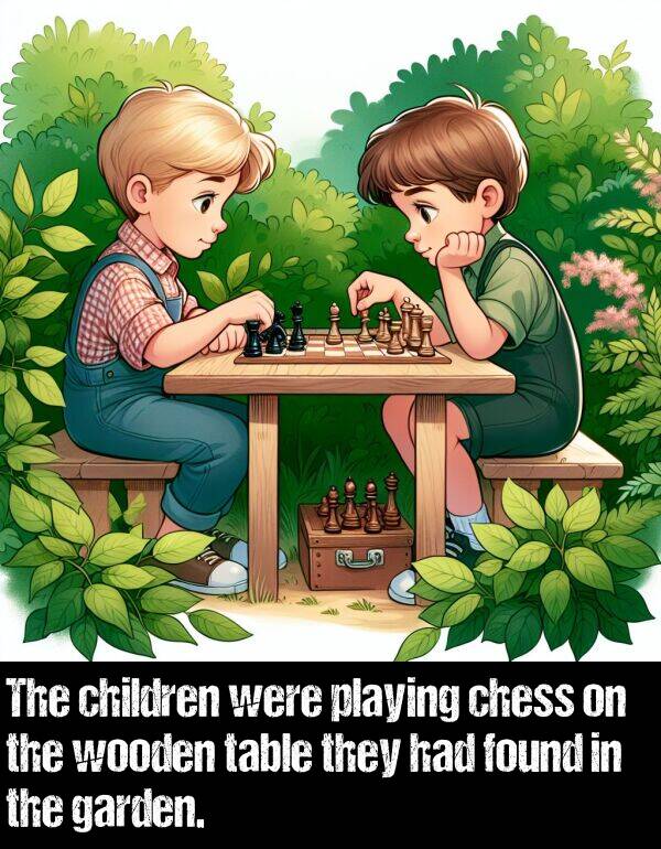 found: The children were playing chess on the wooden table they had found in the garden.