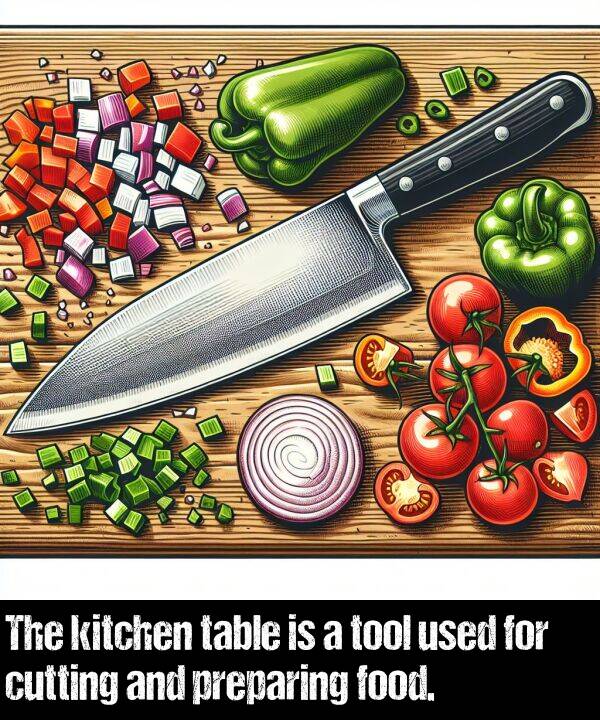 used: The kitchen table is a tool used for cutting and preparing food.