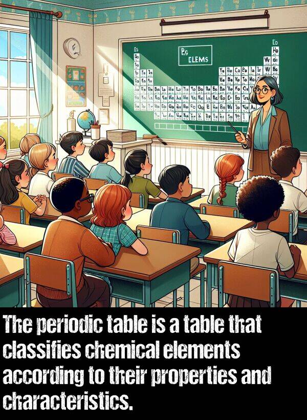 according: The periodic table is a table that classifies chemical elements according to their properties and characteristics.