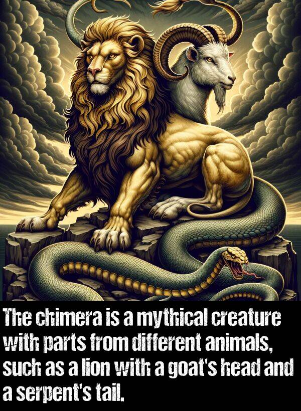 different: The chimera is a mythical creature with parts from different animals, such as a lion with a goat's head and a serpent's tail.