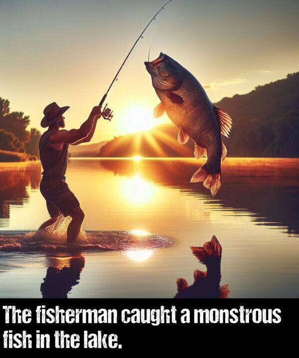 fisherman: The fisherman caught a monstrous fish in the lake.