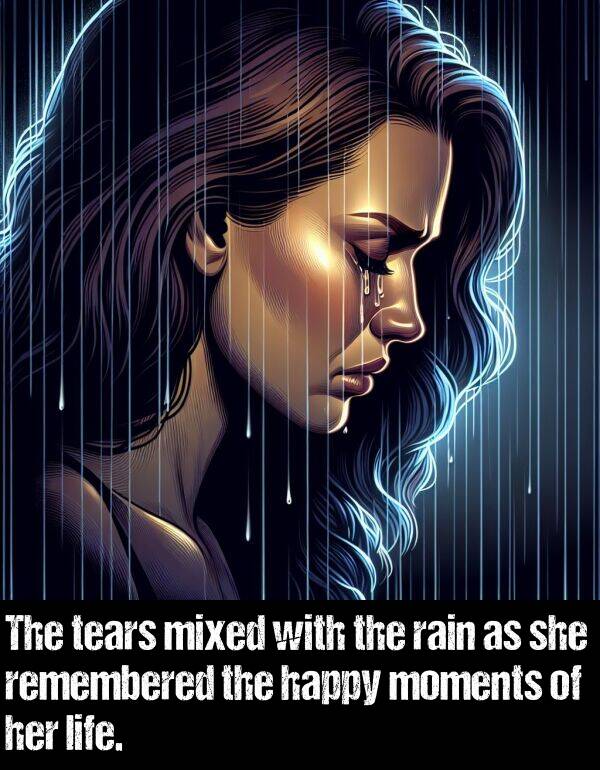 rain: The tears mixed with the rain as she remembered the happy moments of her life.