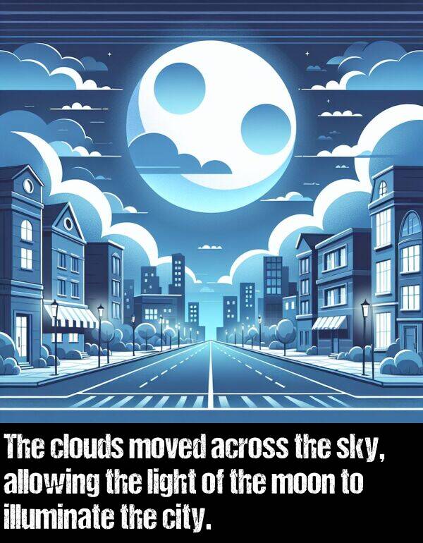 illuminate: The clouds moved across the sky, allowing the light of the moon to illuminate the city.