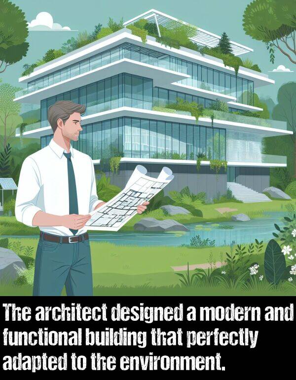 perfectly: The architect designed a modern and functional building that perfectly adapted to the environment.