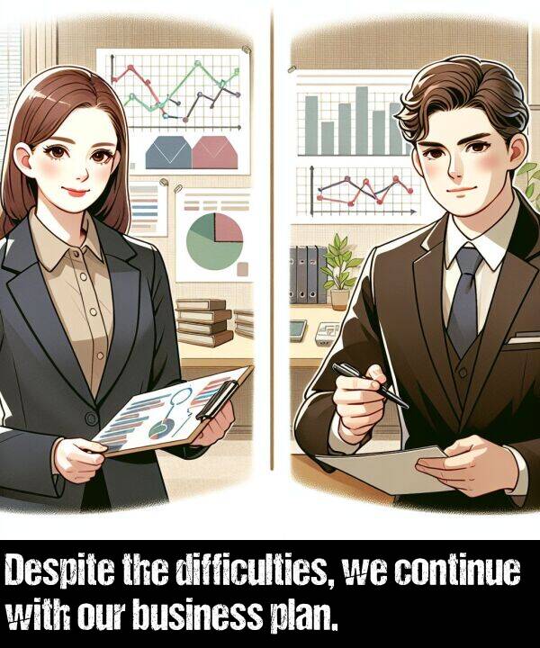 difficulties: Despite the difficulties, we continue with our business plan.