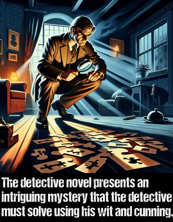 wit: The detective novel presents an intriguing mystery that the detective must solve using his wit and cunning.