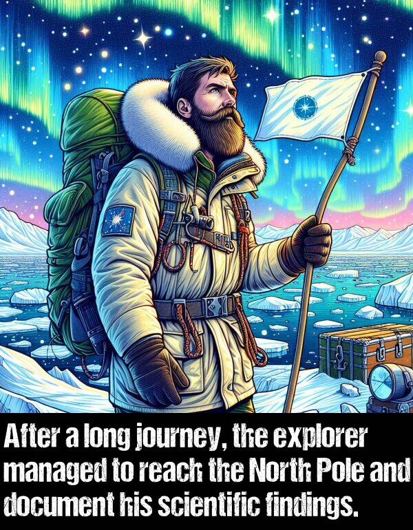 document: After a long journey, the explorer managed to reach the North Pole and document his scientific findings.