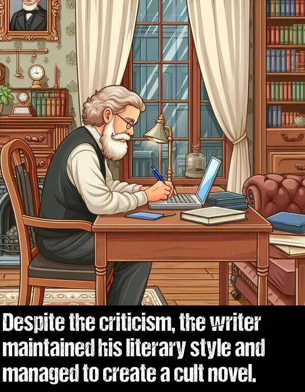 create: Despite the criticism, the writer maintained his literary style and managed to create a cult novel.