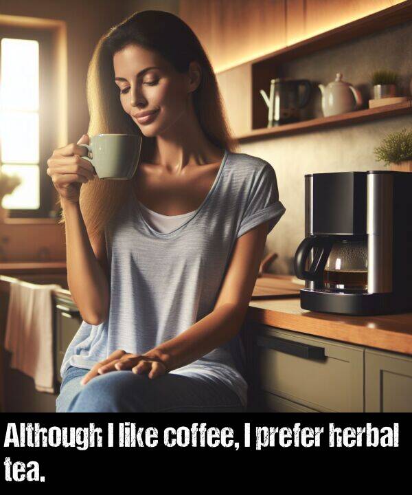 like: Although I like coffee, I prefer herbal tea.