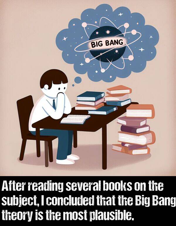 subject: After reading several books on the subject, I concluded that the Big Bang theory is the most plausible.