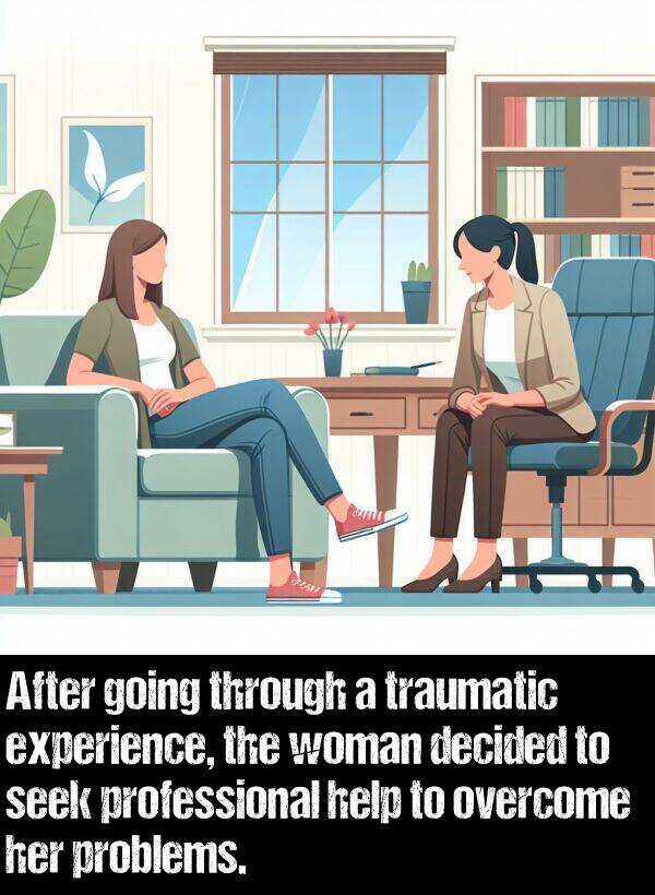 traumatic: After going through a traumatic experience, the woman decided to seek professional help to overcome her problems.