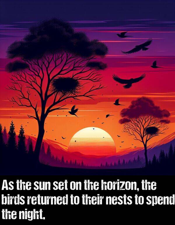 horizon: As the sun set on the horizon, the birds returned to their nests to spend the night.