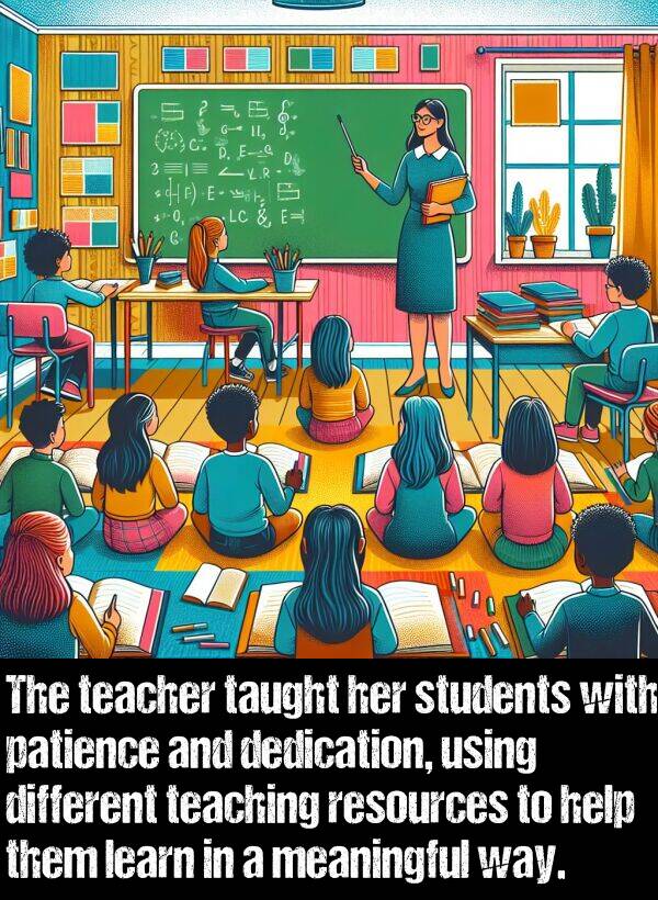 learn: The teacher taught her students with patience and dedication, using different teaching resources to help them learn in a meaningful way.