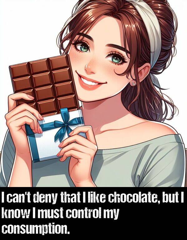 control: I can't deny that I like chocolate, but I know I must control my consumption.